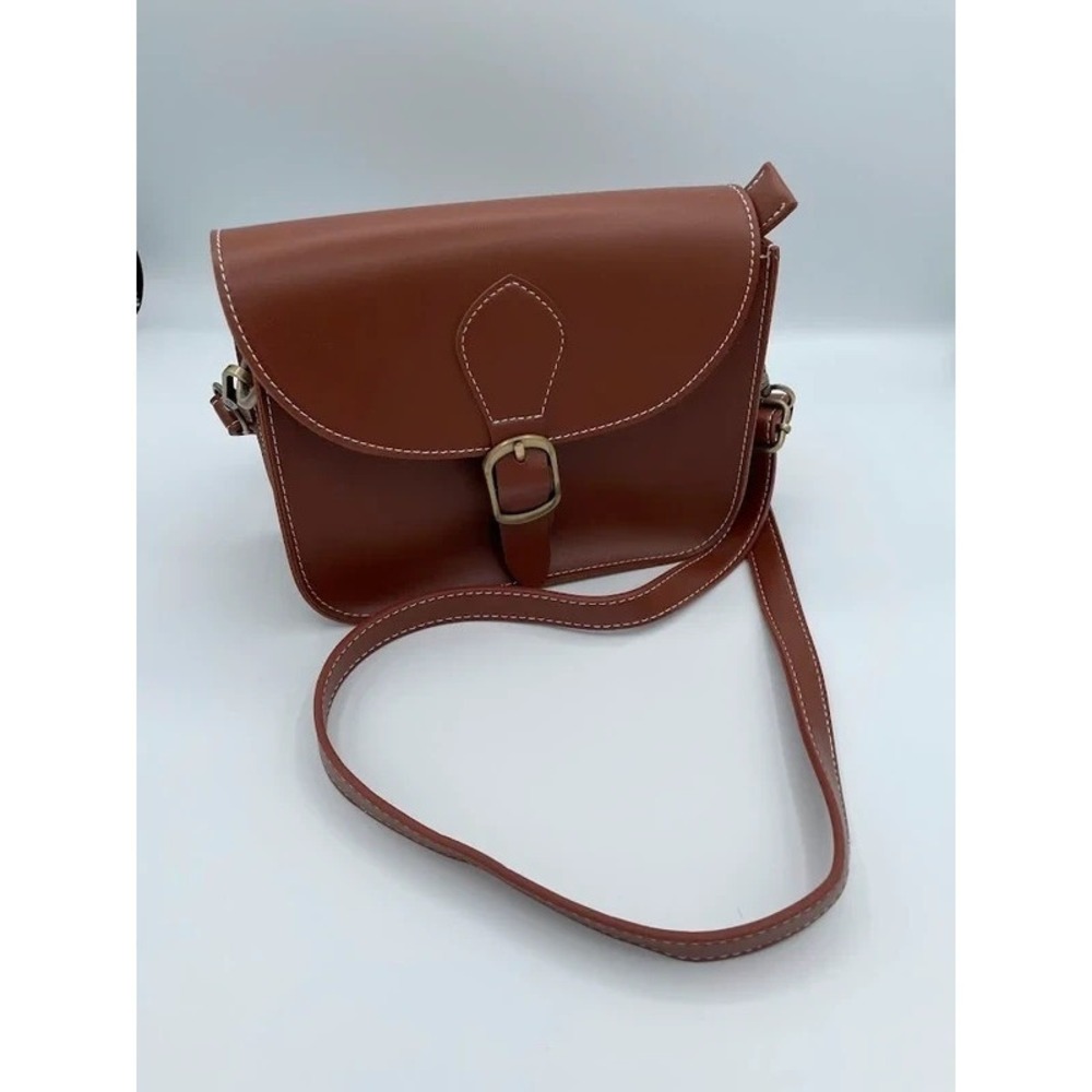 Brown Saddle Crossbody Bag Cognac Contrast Stitching Buckle Equestrian Purse